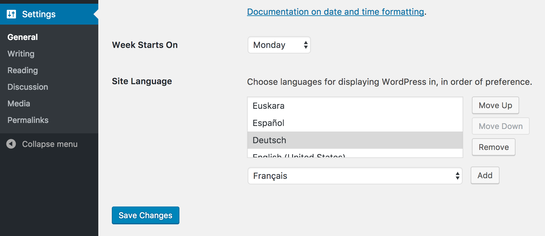 The new language section in 'Settings' -> 'General'