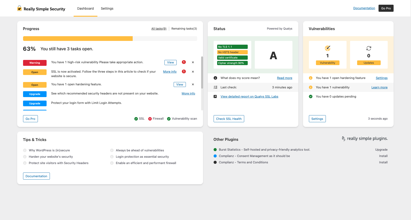 El Panel de Seguridad de Really Simple proporciona una vista rápida de la seguridad.