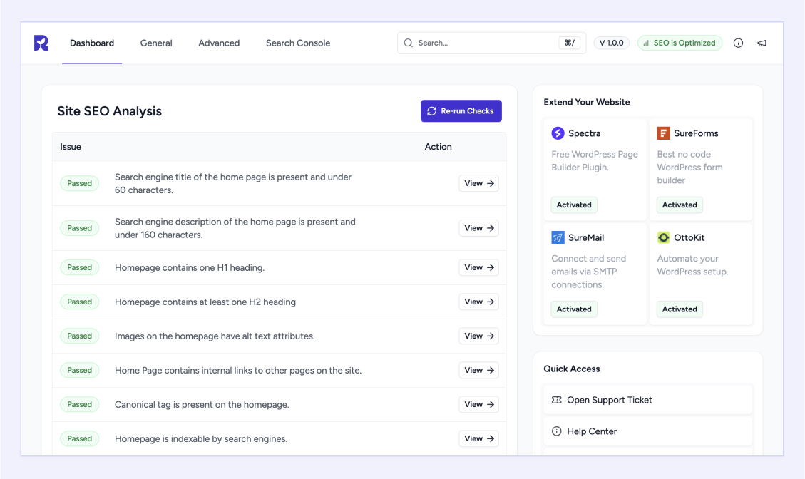 Get a quick overview of your site's SEO health-run automated checks for indexing, sitemaps, and more, all directly from the main dashboard.