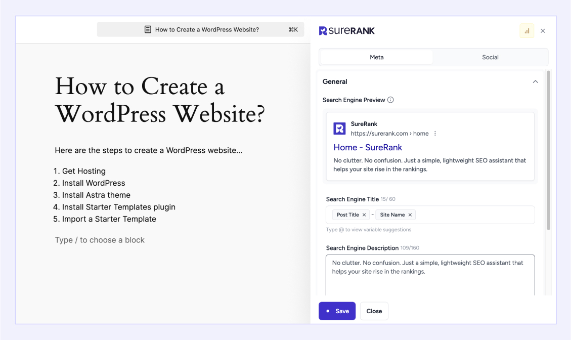 Edit SEO details directly in the editor-titles, descriptions, social previews, indexing, and schema all in one panel.