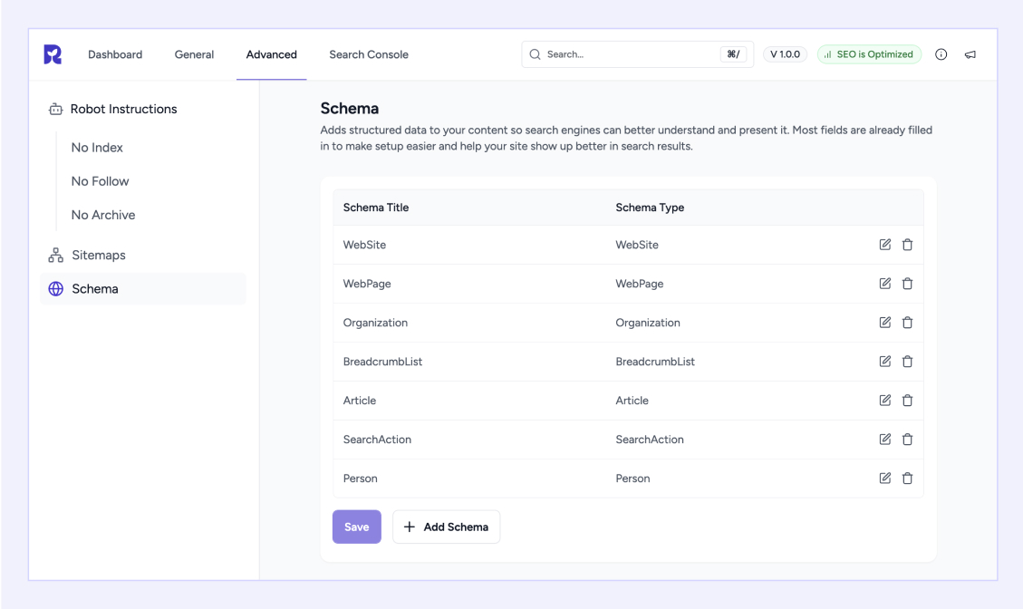 Manage your site's structured data with ease-set default types and control how search engines understand your content.
