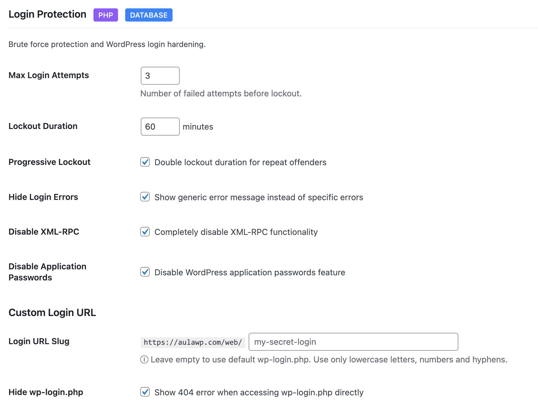 Login Security - Brute force protection, 2FA, lockouts, and custom login URL