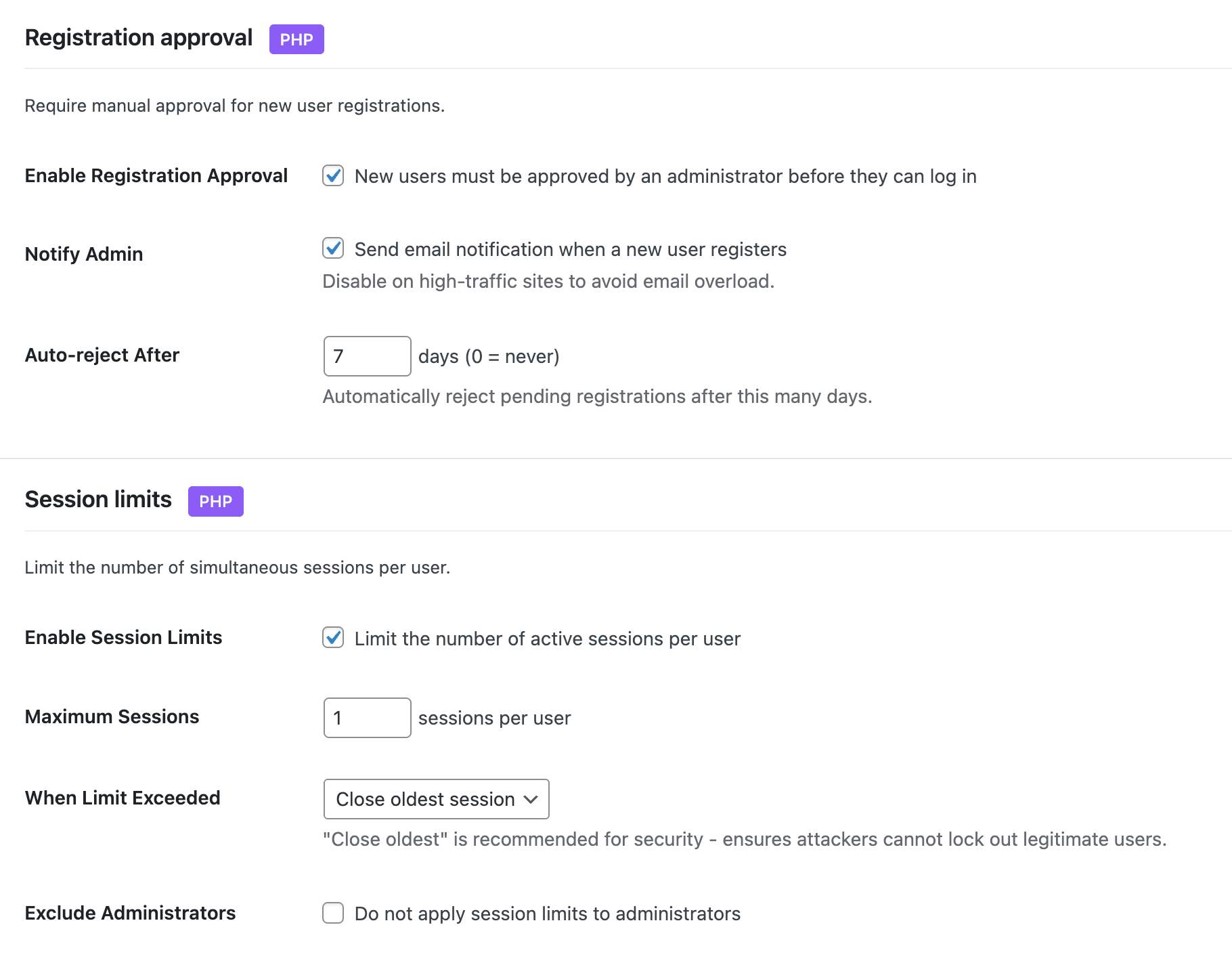 Registration Approval and Session Limits - Control new users and concurrent logins