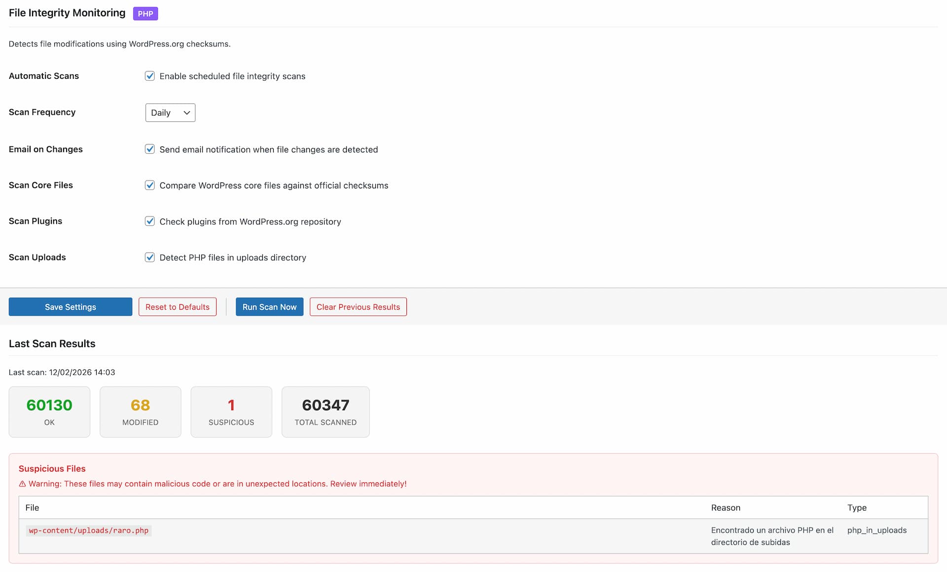 File Integrity - Scanner settings and verification results