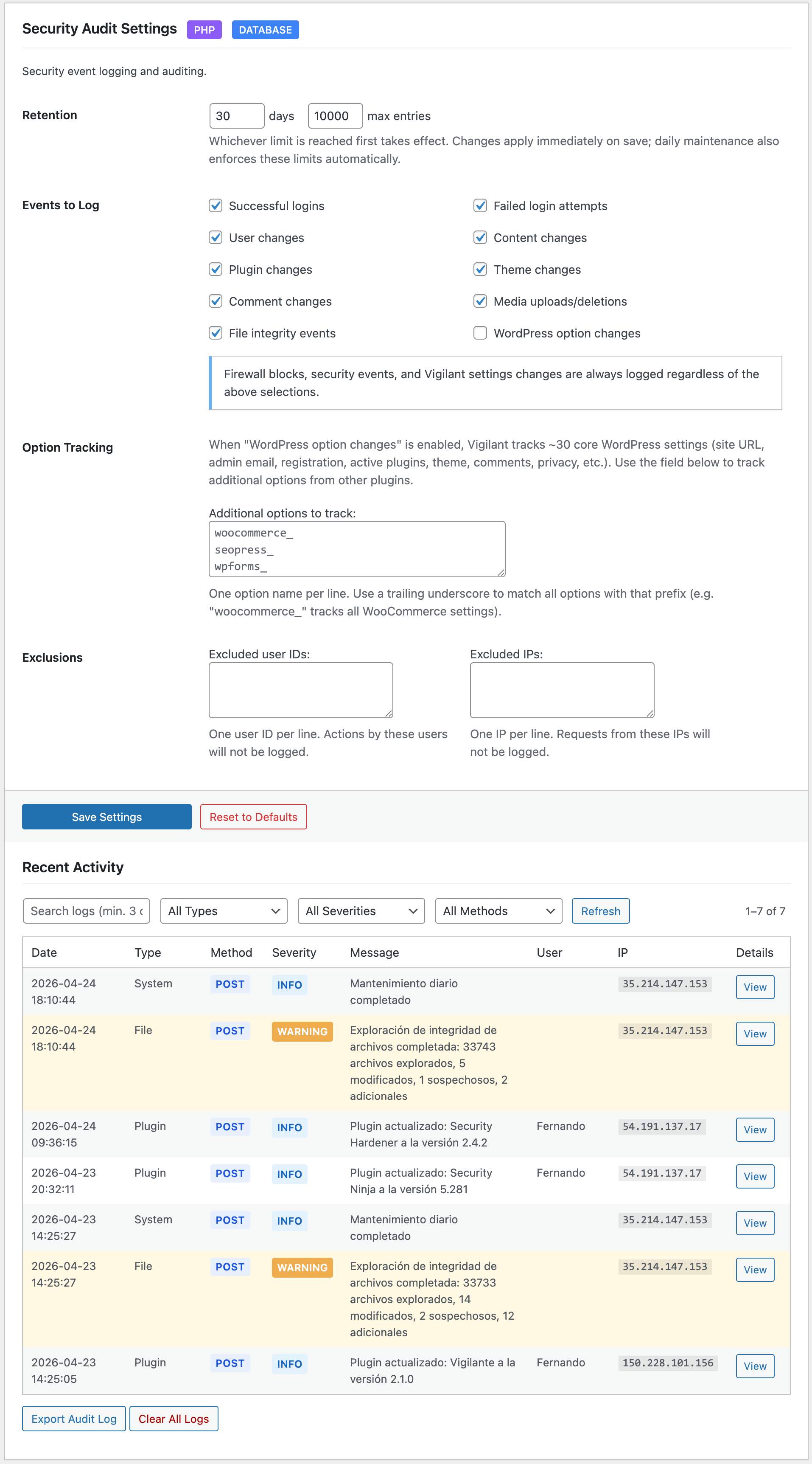 Security Audit - Filterable event viewer with export option