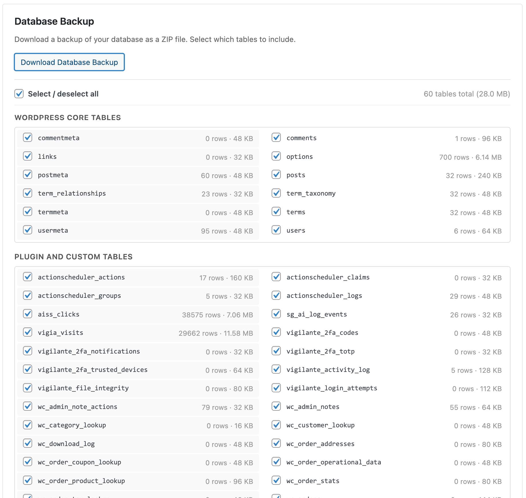 Database Backup - Download full or partial database backups with table selection