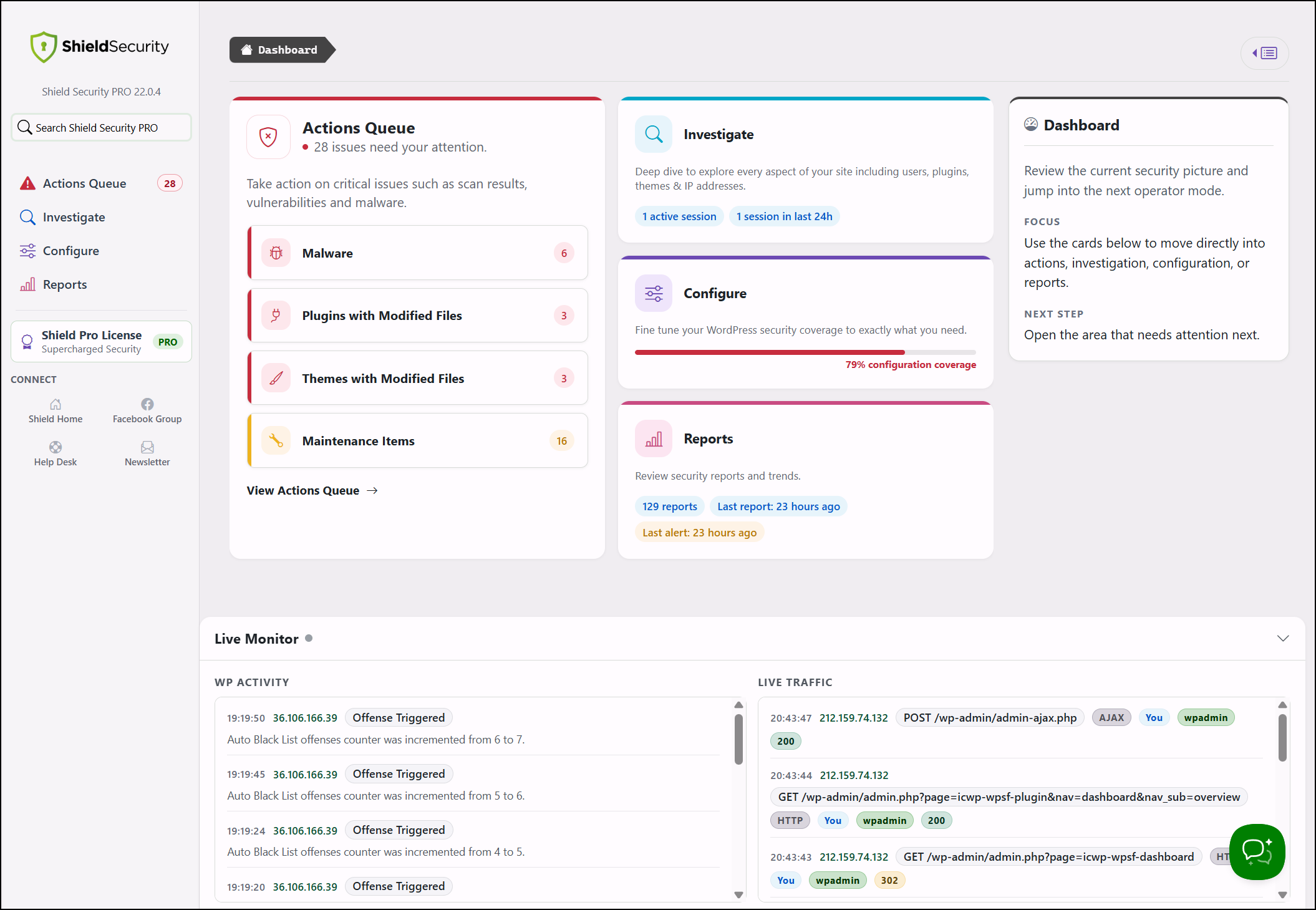 Security overview with current site status, important recommendations, and recent security events.