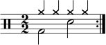 \new Staff <<
\new voice \relative c' {
\clef percussion
\numericTimeSignature
\time 2/2
\set Score.tempoHideNote = ##t \tempo 2 = 100
\stemDown \repeat volta 2 { g2 d' }
}
\new voice \relative c'' {
\override NoteHead.style = #'cross
\stemUp \repeat volta 2 { a4 a a a }
}
>>