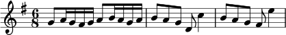 {
\set Score.currentBarNumber = #1
\bar ""
\key g \major \time 6/8
\relative c'' {
\clef treble
g8 a16 g fis g a8 b16 a g a
b8 a g d c'4
b8 a g fis e'4
} }