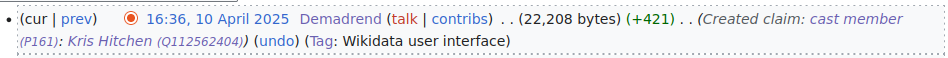 An edit sum entry on Wikidata, labels display alongside their P- and Q-no.'s