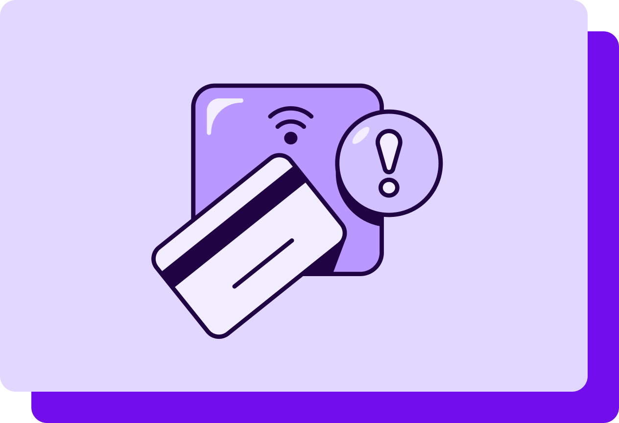 Icons of a credit card, error message indicator, and screen reader