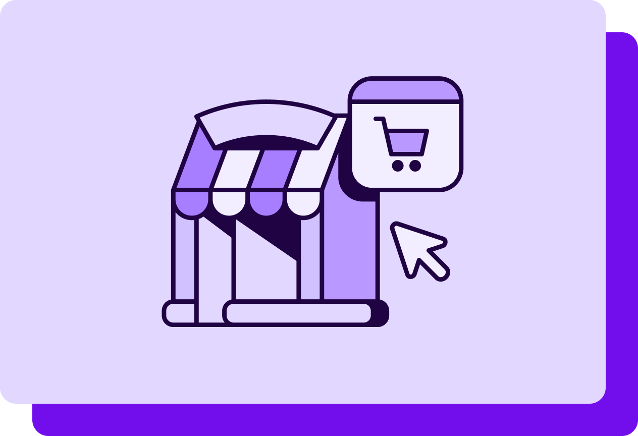 Icons of a physical storefront, shopping cart, and mouse cursor