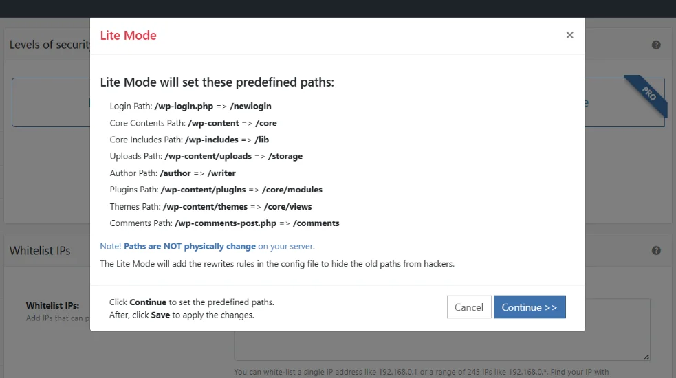 WP Ghost Lite Mode confirmation popup with Continue button to load predefined paths