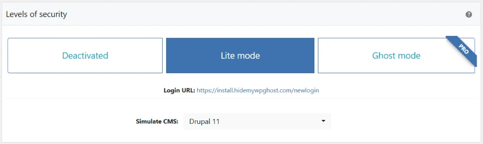 WP Ghost Level of Security selection showing Lite Mode as the recommended starting point for WP Ghost Free