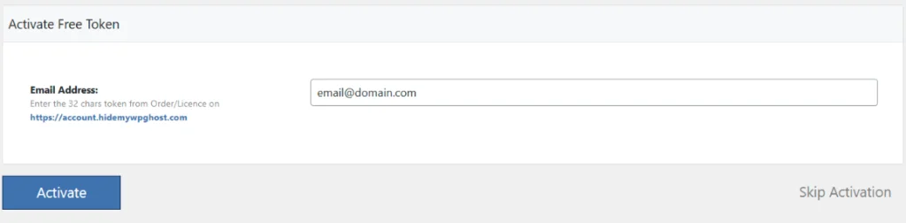 WP Ghost email activation field for registering the free license and connecting to the WP Ghost Dashboard