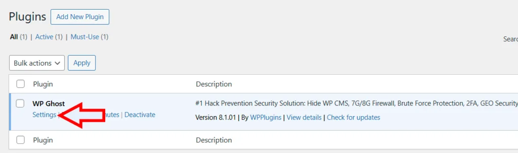 WP Ghost in the WordPress plugins list with Settings link highlighted