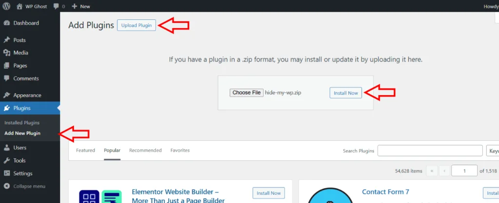 WordPress Plugins Add New page showing the upload and install process for WP Ghost Free