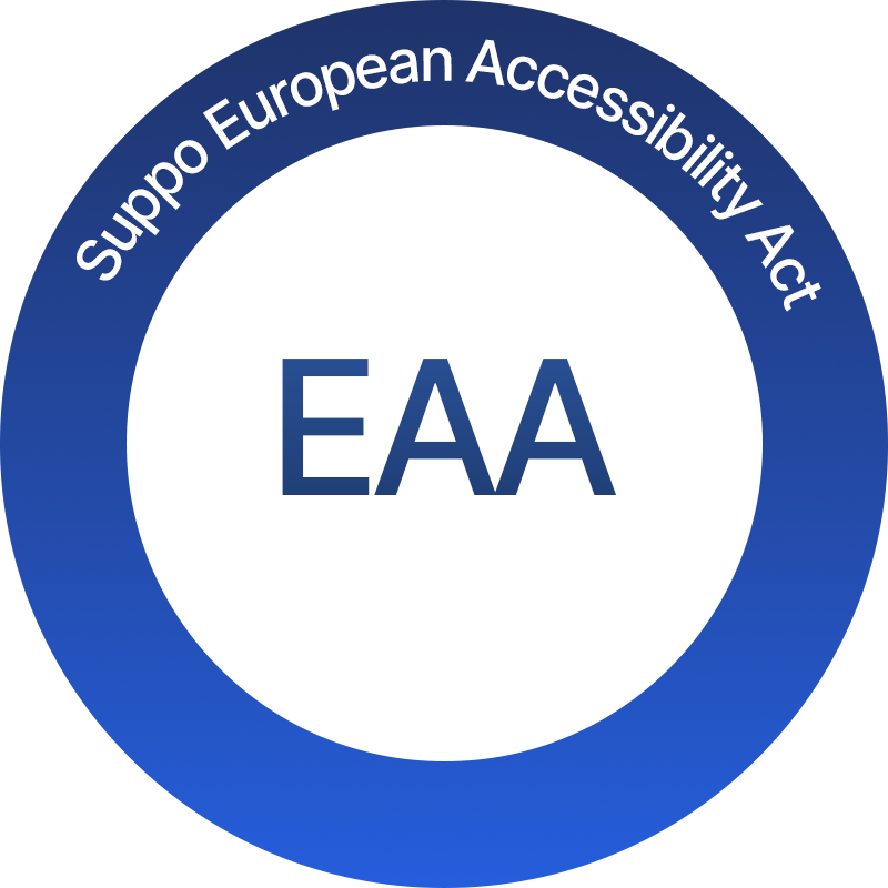 A large white circle stands out against a smooth blue gradient background. In the center of the circle, bold letters spell EAA. Arched above the circle, clear text reads “Support European Accessibility Act.” The image emphasizes innovative digital tools—a robust accessibility widget and a WordPress accessibility plugin—designed to make online content usable for everyone.