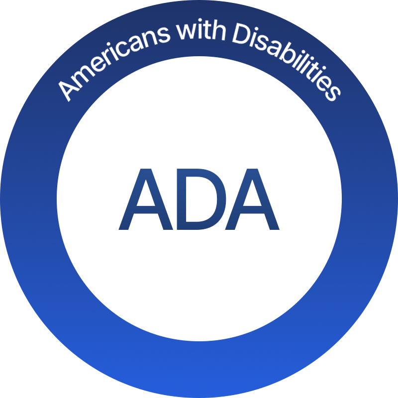 A graphic with a bold blue background features a prominent white circle at its center. Inside the circle, the letters “ADA” are displayed in large, clear text, making them easy to read. Arching above the circle in blue lettering are the words “Americans with Disabilities,” creating a sense of unity and focus on accessibility. The clean design uses high color contrast and simple shapes to ensure readability for everyone, including people with low vision or color blindness.