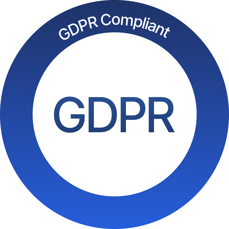 A prominent white circle sits at the center of the image, displaying “GDPR” in large, bold blue letters. Above the circle, the phrase “GDPR Compliant” is written in a curved arc that follows the contour of the circle’s upper edge. The background features a smooth blue gradient that conveys a modern and approachable digital environment. The overall design emphasizes clarity and readability, with strong color contrast between text and background to support users with visual impairments or color vision deficiencies.