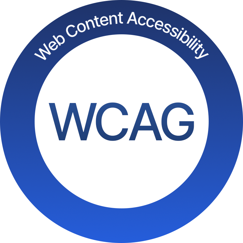 A bold white circle sits at the center of a vibrant blue background that blends from dark at the edges to lighter near the middle. Inside the circle, large, clear letters spell out “WCAG.” Above the circle, following its curve, is an arch of readable text stating “Web Content Accessibility,” signaling a focus on making digital content usable for everyone. The overall design is high-contrast for easy readability and uses plain fonts and colors that support users with limited vision or color perception.