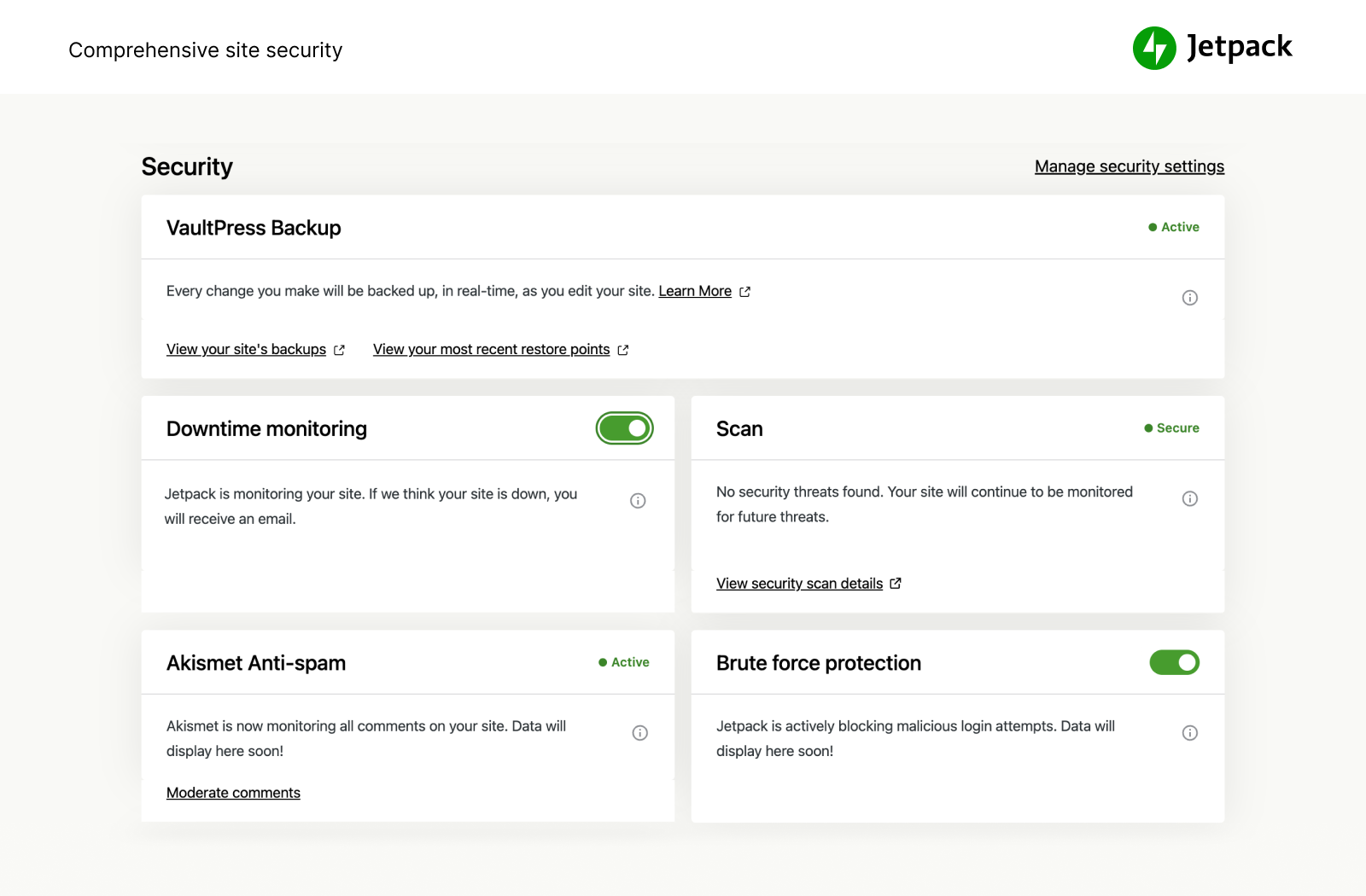 Jetpack 安全提供易于实施且全面的 WordPress 站点安全功能,包括备份、恶意软件扫描以及垃圾邮件防护。