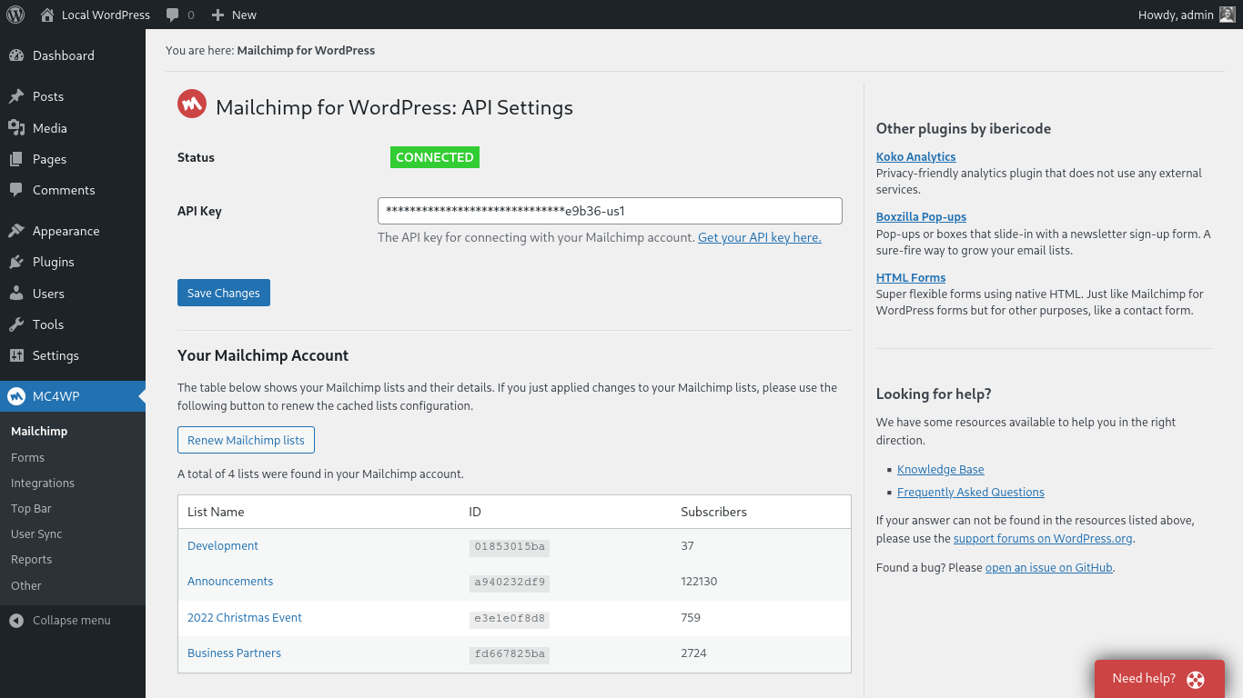 Settings page to connect with your Mailchimp account.