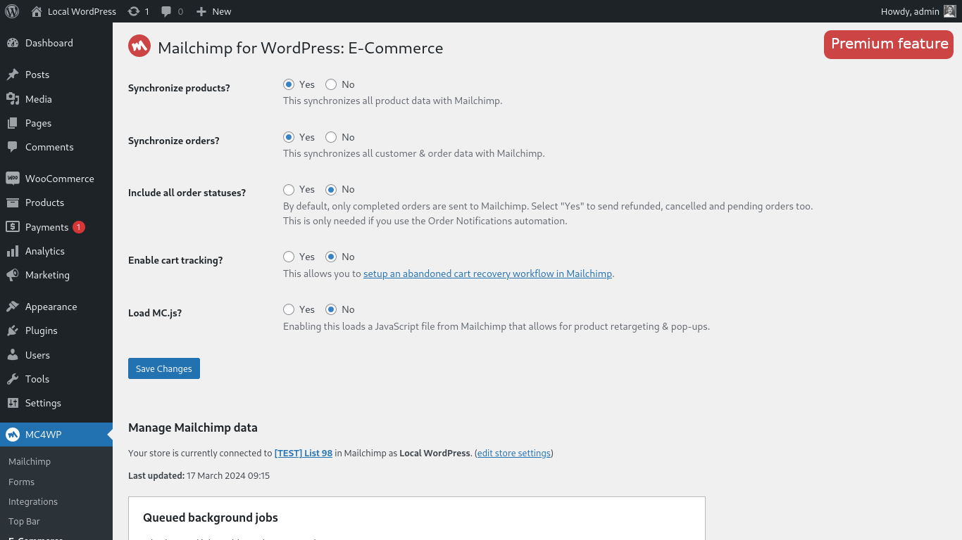 Settings page for e-commerce integration with Mailchimp. Requires Mailchimp for WordPress Premium.