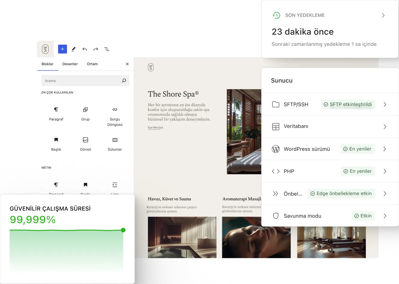 WordPress düzenleyicisi bir spa açılış sayfasını gösterirken, üst üste binen durum kartları temiz ve minimalist bir kontrol paneli çalışma alanında yedekleme süresini, sunucu ayarlarını ve güvenilir bir çalışma süresi metriğini göstermektedir.