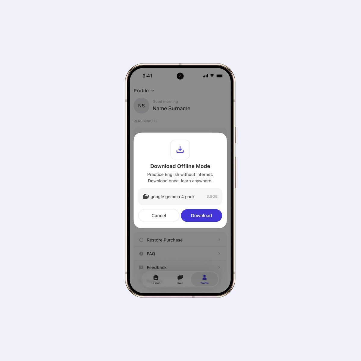 A smartphone user interface showing a pop-up titled "Download Offline Mode" with the subtitle "Practice English without internet." It features a file row labeled "Google Gemma 4 pack" sized at 3.8GB, with "Cancel" and "Download" buttons at the bottom.
