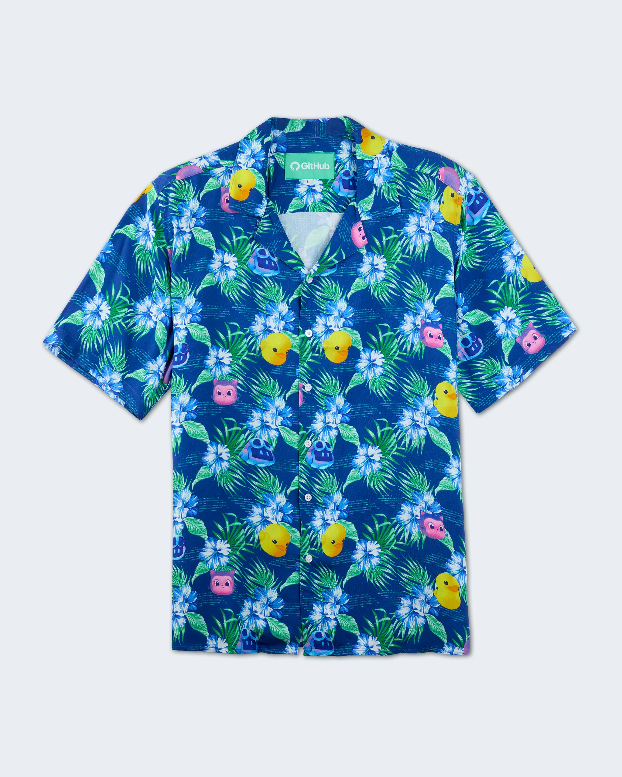 Blue tropical button-up shirt with floral, Copilot, Mona, and Ducky pattern.