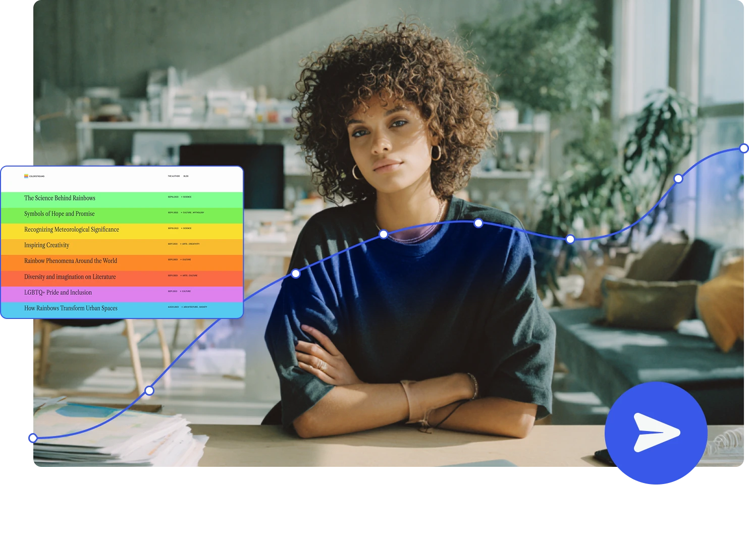 Woman sitting at a desk with a newsletter interface and growth chart overlay.