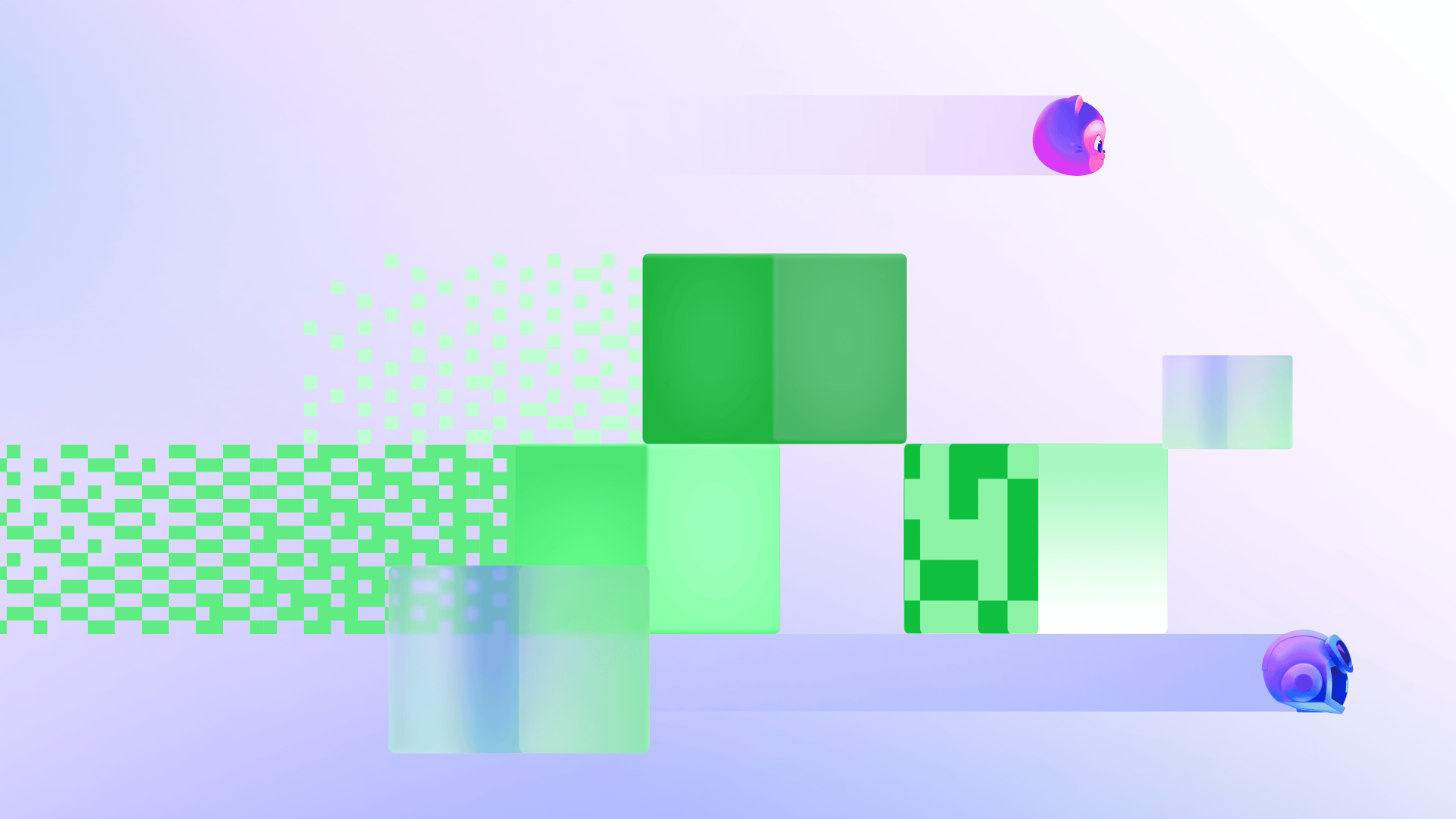 Decorative background featuring two Copilot figures moving among abstract green and translucent blocks.